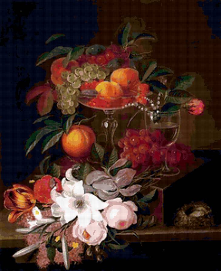 Натюрморт с фруктами и цветами - фрукты, натюрморт, цветы, картина - предпросмотр