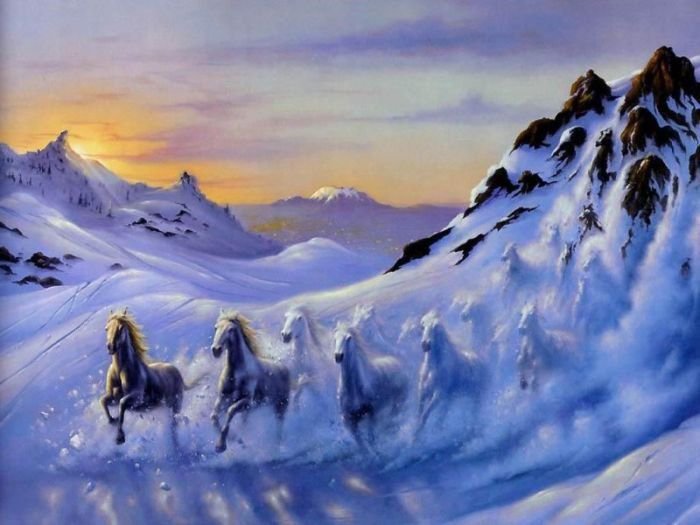 серия "животные" - горы, животные, лошади, зима - оригинал