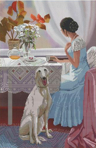 дама с собакой - дама, собака, женщина, окно, книга - оригинал