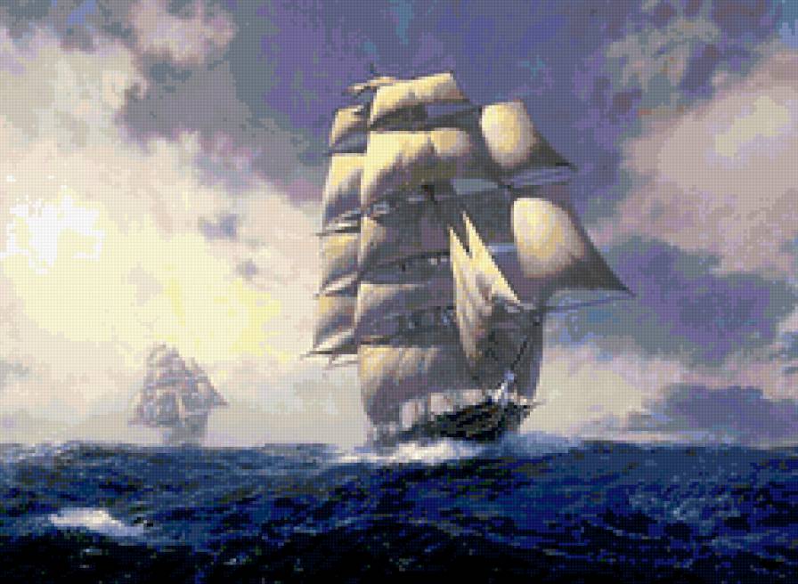 Голубое море - облака, море, корабль - предпросмотр