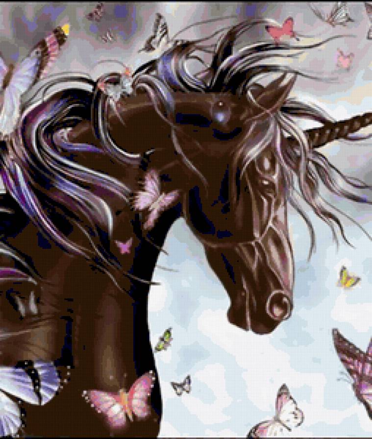 Единорог - кони, лошади, миф, цветы, лошадь, единорог, бабочки, фентези - предпросмотр