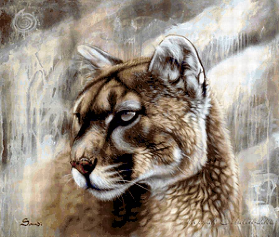 ХУДОЖНИК - Sandi Baker - хищник, лес, картина, дикая кошка, зверь, тигр, животное, лев, пума - предпросмотр