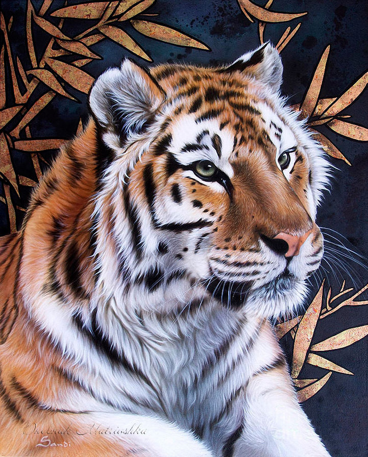 ХУДОЖНИК - Sandi Baker - животное, тигр, зверь, лев, картина, дикая кошка, лес, хищник - оригинал