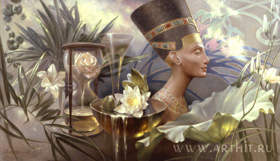 Египетская фантазия. - королева, вода, часы, цветы, лотос, египет, нефертити - оригинал