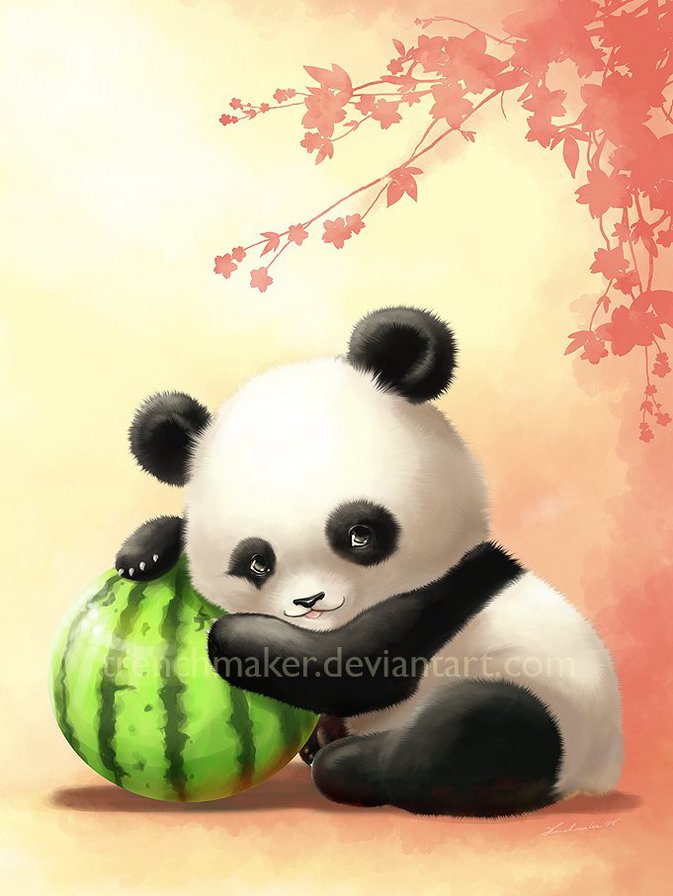 Панда с арбузом - япония, панда, животные, детское - оригинал