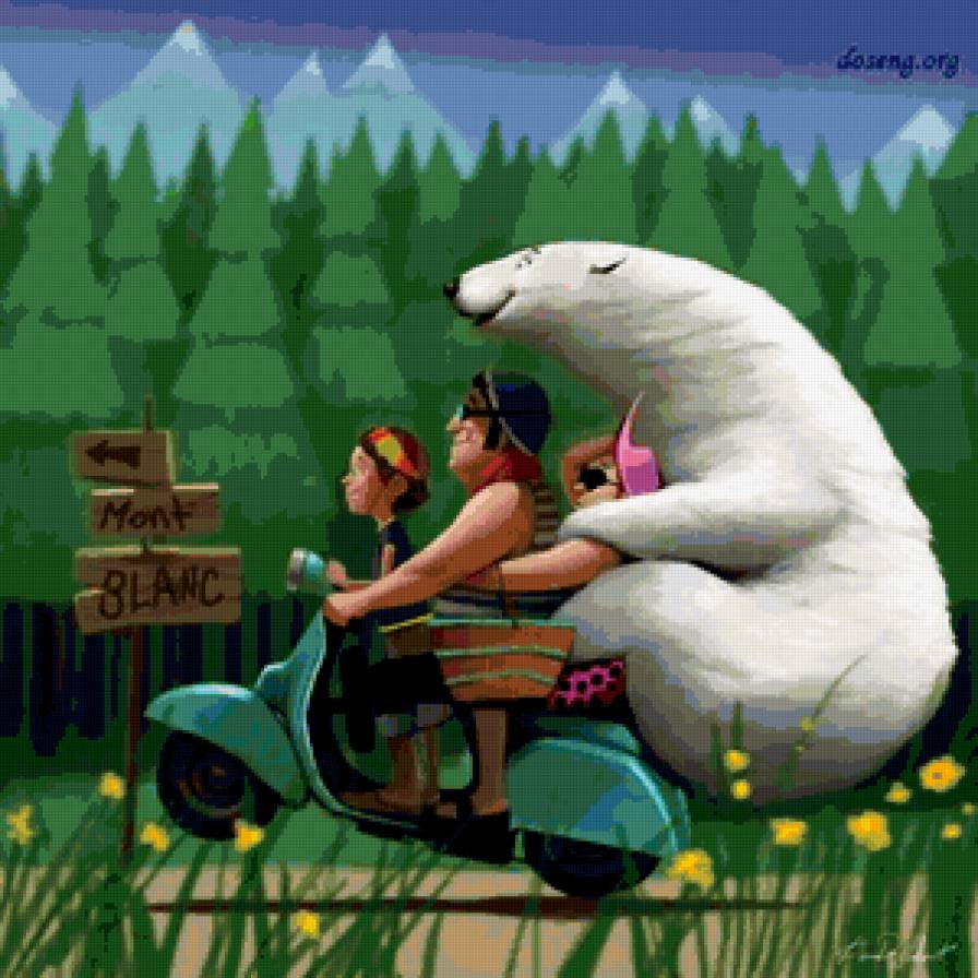 Семейный отдых - лес, семья, мотоцикл, горы, природа, см, животное, лето, медведь - предпросмотр