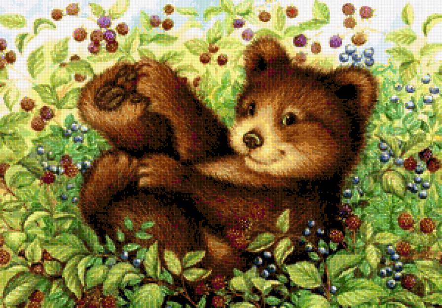 На лесной полянке - малина, медвежата, медвежонок, животные, ежевика, природа, ягоды - предпросмотр