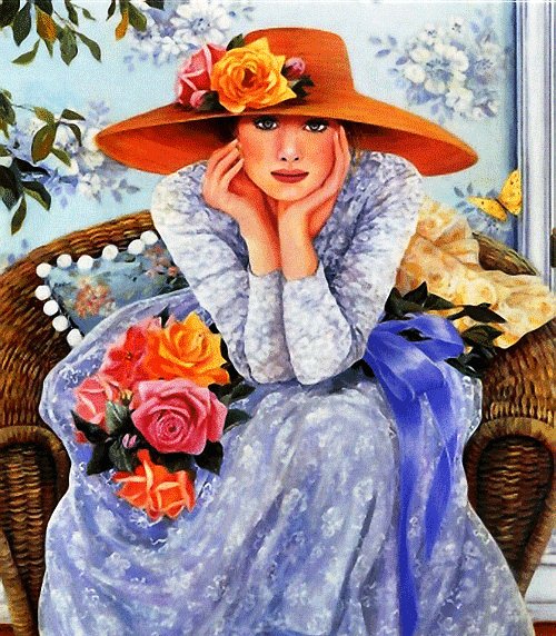 Женский портрет - дама, женщина, розы, незнакомка, шляпка, женский портрет, цветы - оригинал