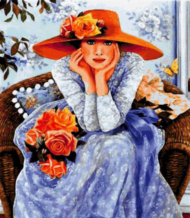 Женский портрет - незнакомка, цветы, дама, шляпка, женщина, розы, женский портрет - предпросмотр