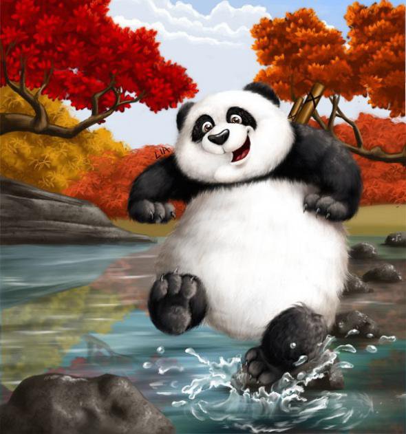 Веселый панда - вода, животные, пейзаж, панда, лес - оригинал