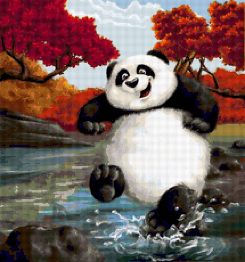 Веселый панда - лес, вода, животные, панда, пейзаж - предпросмотр