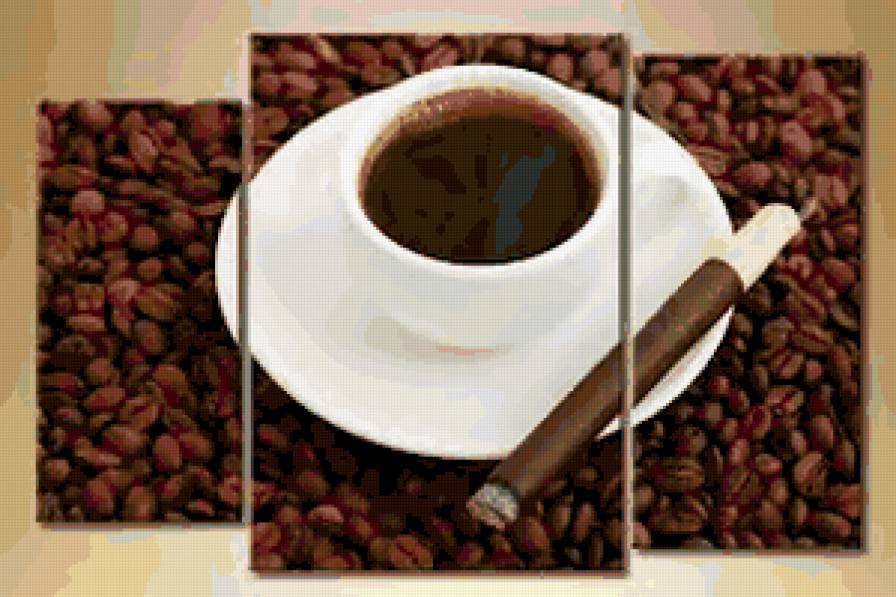 Триптих "Кофе" - гангутская сигара, чашка, кофейные зерна, натюрморт - предпросмотр