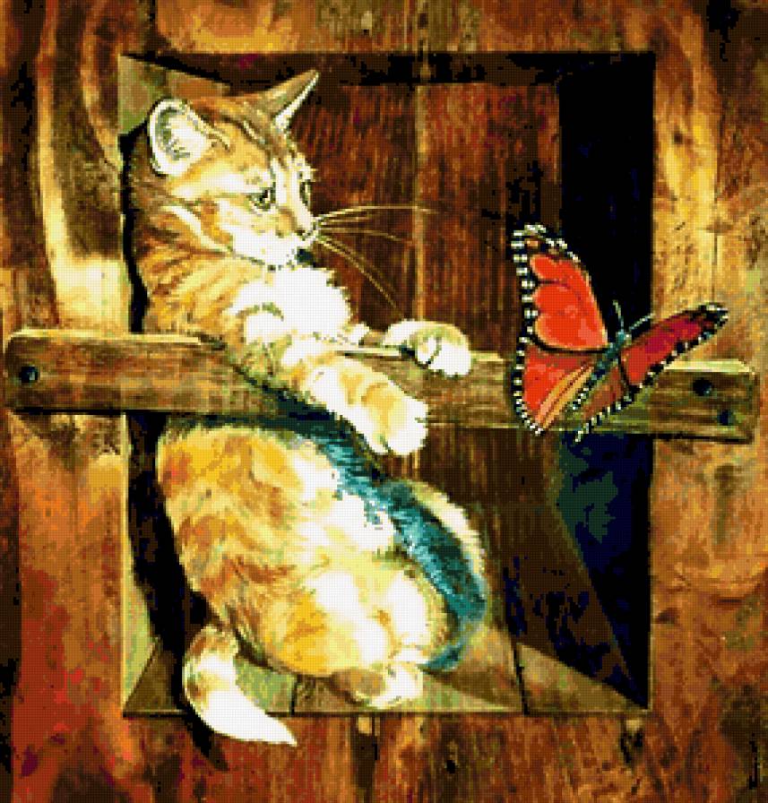 Котёнок и бабочка - малыши, котята, бабочка, кошки, зверушки, котенок, животные - предпросмотр