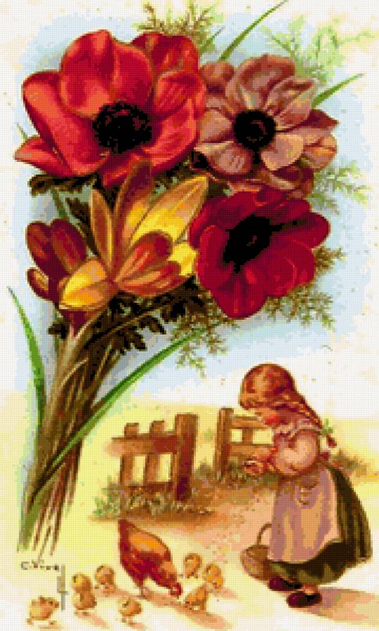 Цветы и детки - дети, девочка, пейзаж, цветы, дом, ретро, анемоны, птицы - предпросмотр
