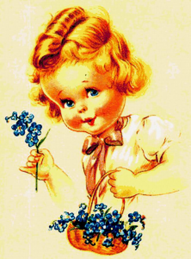 Девочка и незабудки - детский портрет, незабудки, ретро, девочка, букет, цветы - предпросмотр