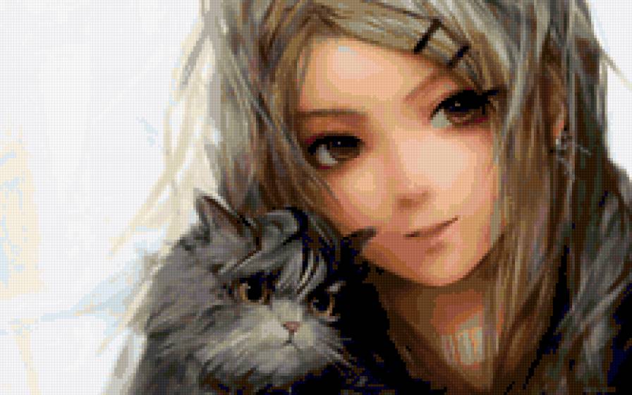 аниме девушка с кошкой - предпросмотр