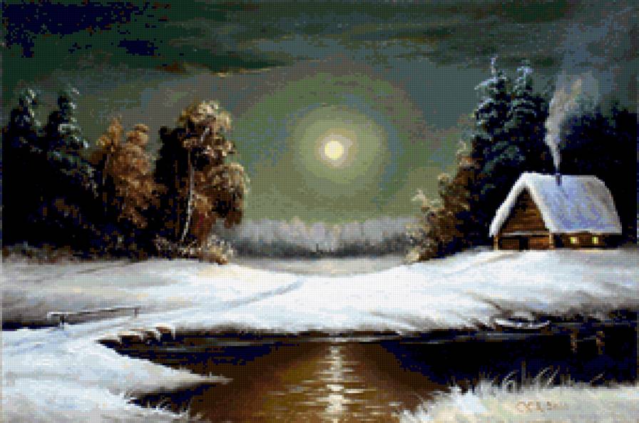 зимний пейзаж - природа, ночь, пейзаж, деревня, зима - предпросмотр