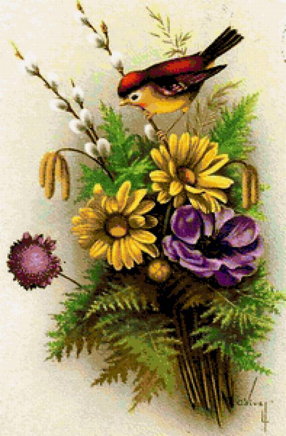 Цветы и птички - флора, цветы, винтаж, птичка, птицы, ретро, анемон, птица - предпросмотр