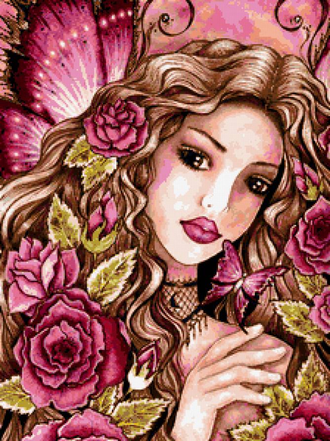 девушка - розы, природа, цветы, бабочки, листья, роза, портрет, образ, сказка - предпросмотр