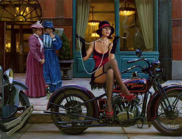 девушка - картина, ретро, женщина, мотоцикл - оригинал