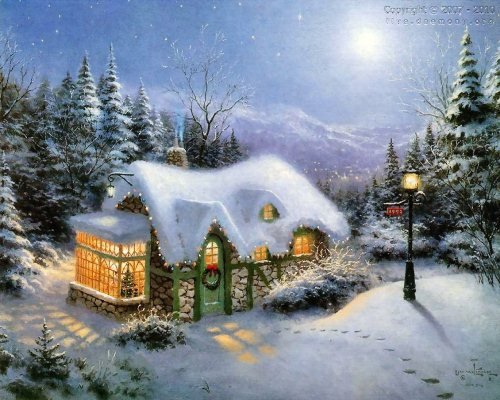 домик, зима, вечер, фонарь - фентези - оригинал