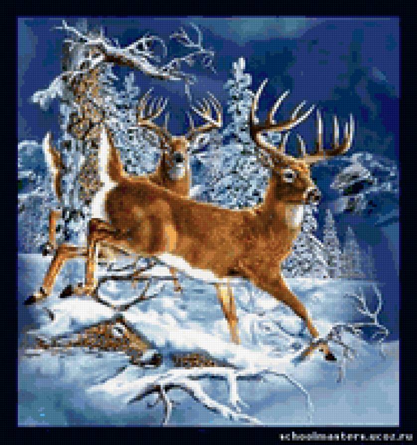 бегущие олени в зимнем лесу - картины - предпросмотр