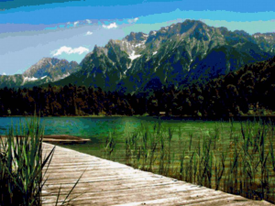 Озеро в горах - природа, горы, пейзаж, озеро, пристань, вода - предпросмотр
