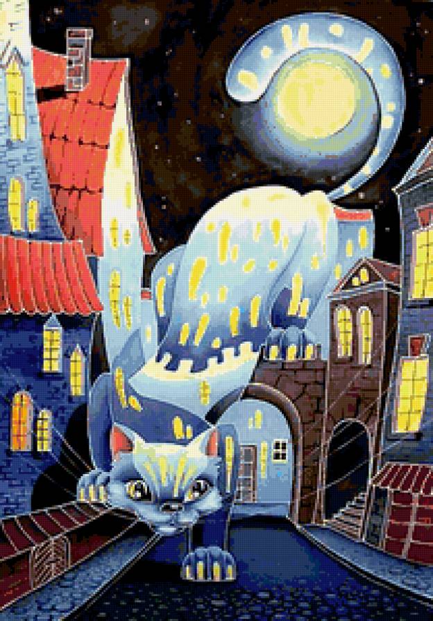 Лунный кот - домики, луна, ночь, городок, кот - предпросмотр