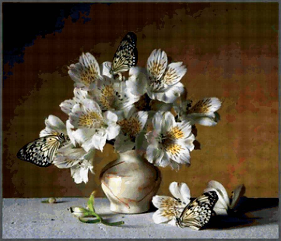 Букет и тропичекие бабочки - букет, натюрморт, картина, ваза, бабочки, насекомые, цветы - предпросмотр