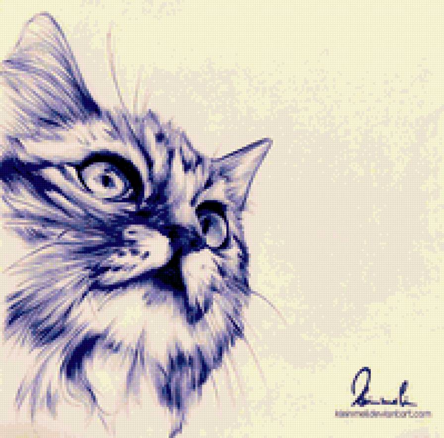 Котенок (рисунок ручкой) - животные, кот, синий - предпросмотр