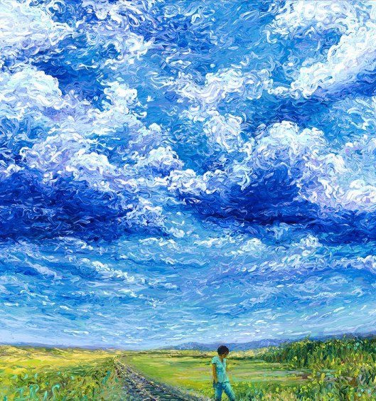 iris scott - поле, облака, импрессионизм, картина, пейзаж, небо, iris scott - оригинал