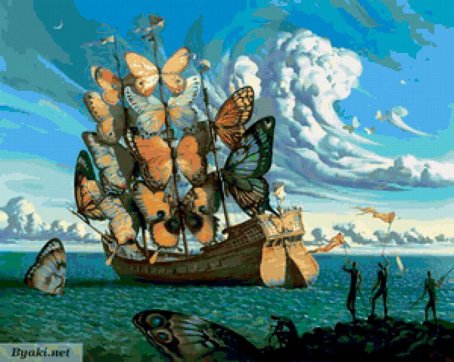 Диптих  "Паруса" - корабль, паруса, море, берег, бабочки - предпросмотр