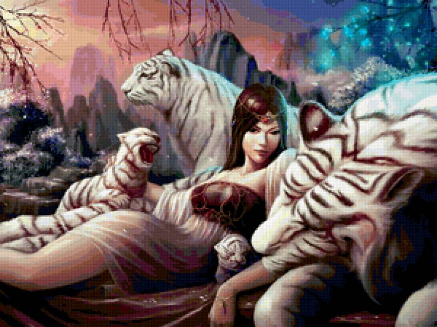 девушка с белыми тиграми - тигры, девушка - предпросмотр