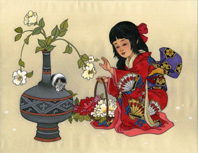 девочка и мышонок - девочка, китай, цветы, мышь - оригинал