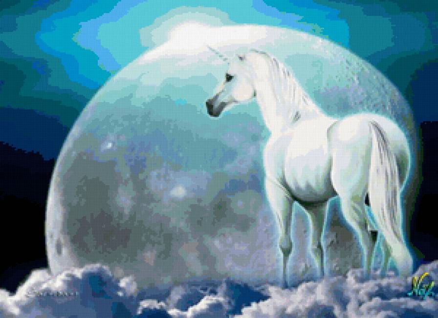 Единорог - пейзаж, животные, лошади, луна, единороги - предпросмотр