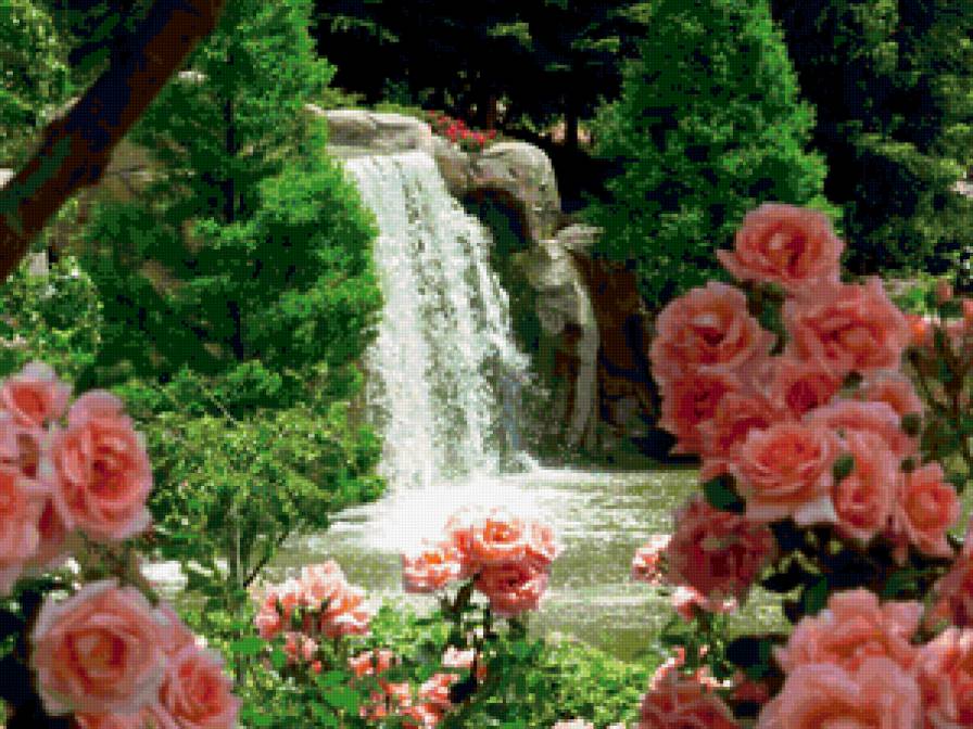 летний пейзаж - река, лето, природа, вода, розы, водопад - предпросмотр