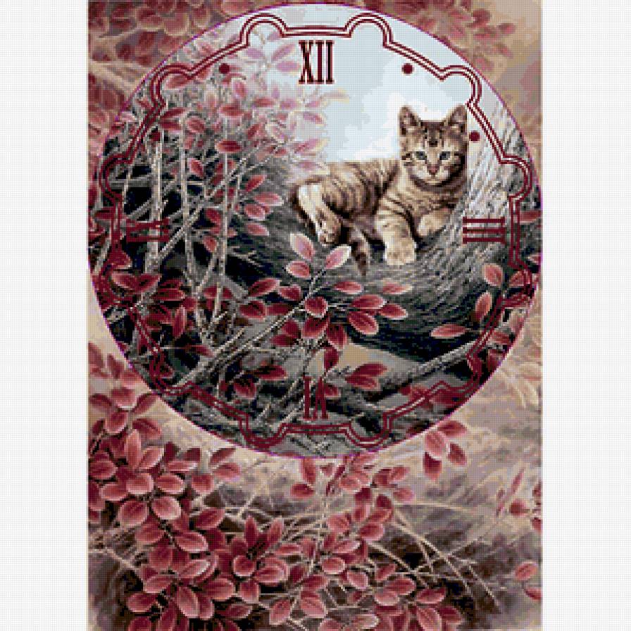 часы - кошка, деревья, листья, ветки, часы - предпросмотр