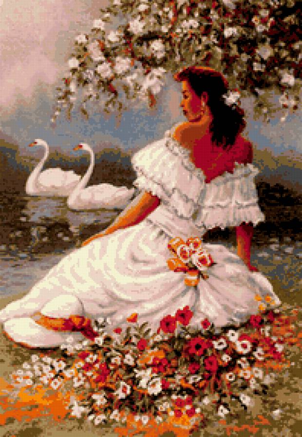 Девушка в белом платье - девушка, вода, лебеди, платье - предпросмотр