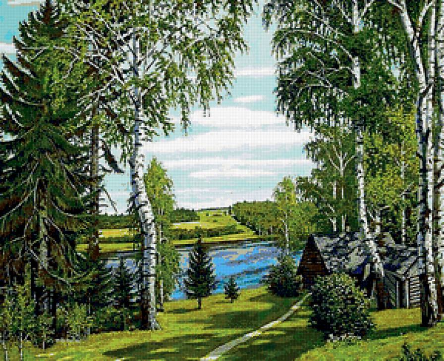 Родная сторона - домик, пейзаж, река, березки, россия, картина - предпросмотр