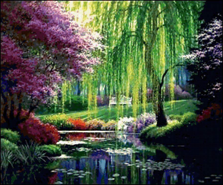 чудный сад - водоем, сад, река, деревья, природа - предпросмотр