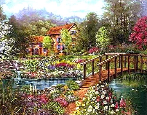 Цветочный уголок - цветы, мост, пейзаж, парк - оригинал