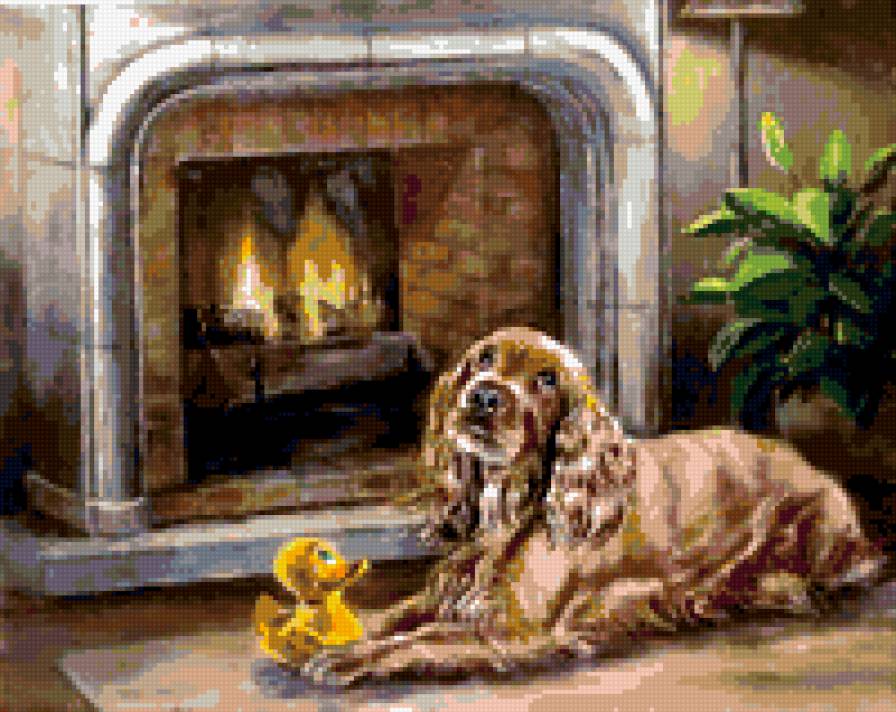Собачка у камина - собака, камин, огонь - предпросмотр