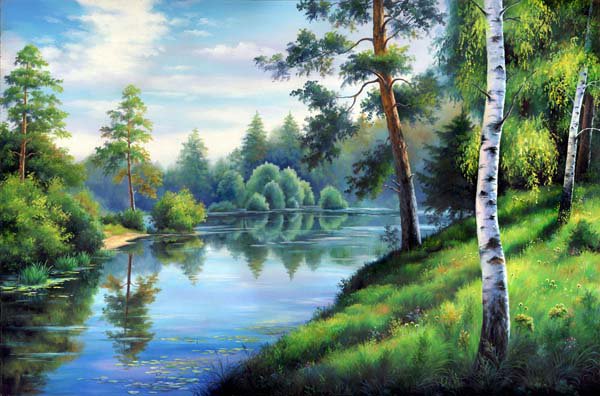 картина - лето, природа, речка, лес, пейзаж - оригинал
