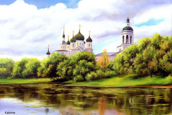 картина - пейзаж, церковь, речка - оригинал