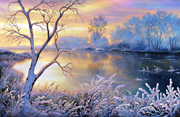 картина - пейзаж, речка, природа, закат, зима - оригинал