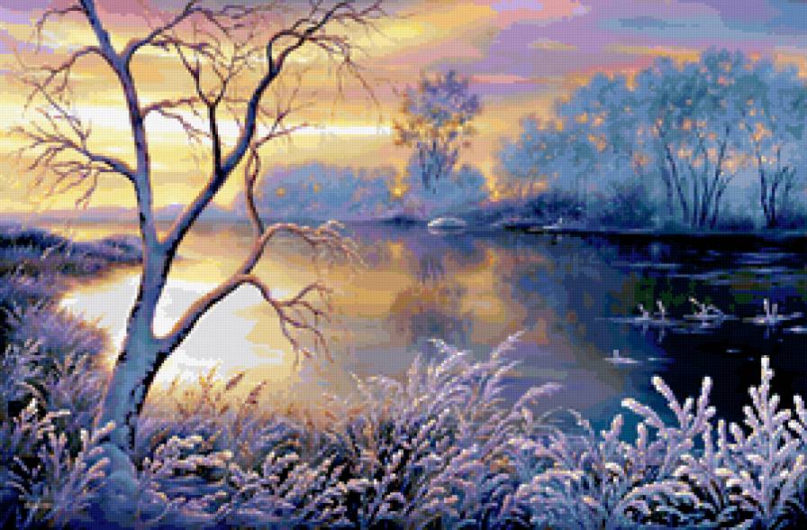 картина - зима, закат, речка, природа, пейзаж - предпросмотр