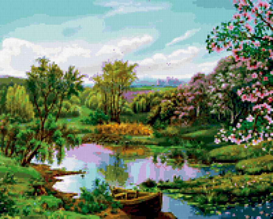 лето - цветущие деревья, лодочка, река - предпросмотр
