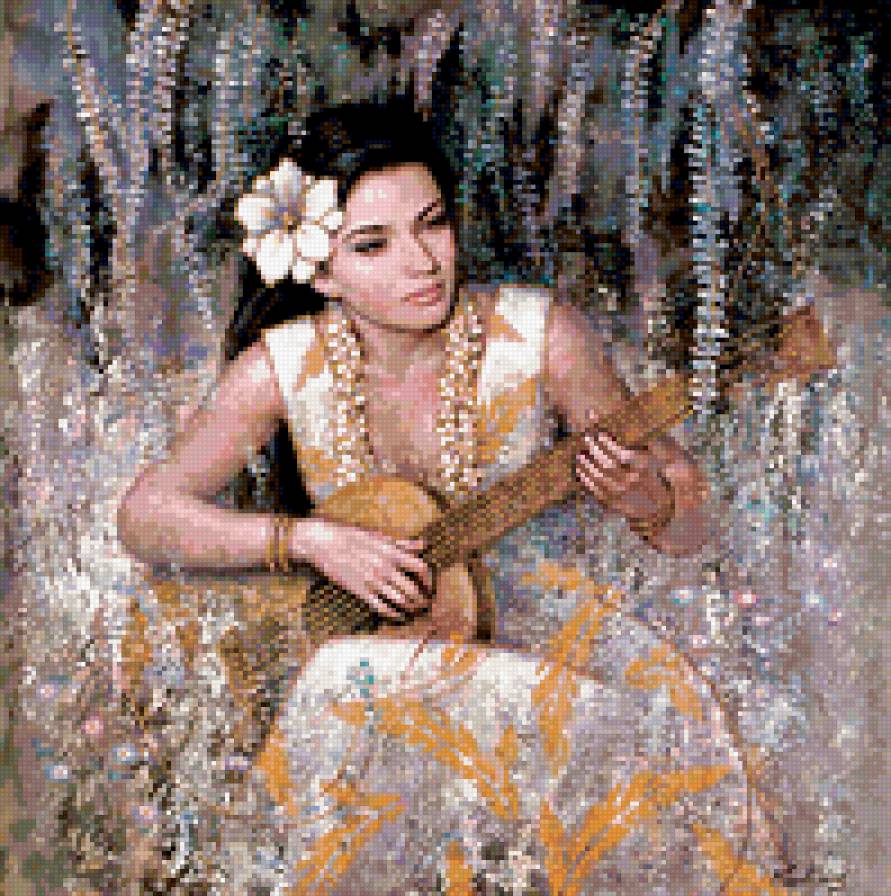 девушка в цветах с гитарой - картины карл банг - предпросмотр