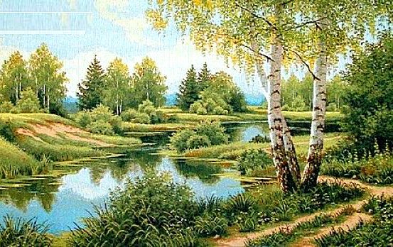 Россия - березки, картина, река, пейзаж, природа - оригинал