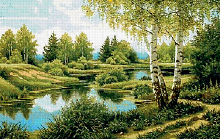 Россия - природа, березки, пейзаж, картина, река - предпросмотр